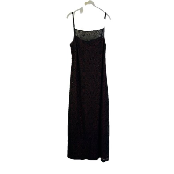 Vintage Dresses & Skirts - VTG Y2K Sheer Metallic Floral Over Lay Spaghetti Slip Dress Whimsy HOC